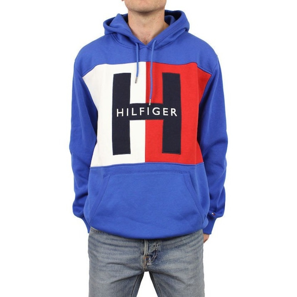 Tommy‎ Hilfiger Hoodie Mens Small Blue Red White Pullover Big Logo Sweatshirt